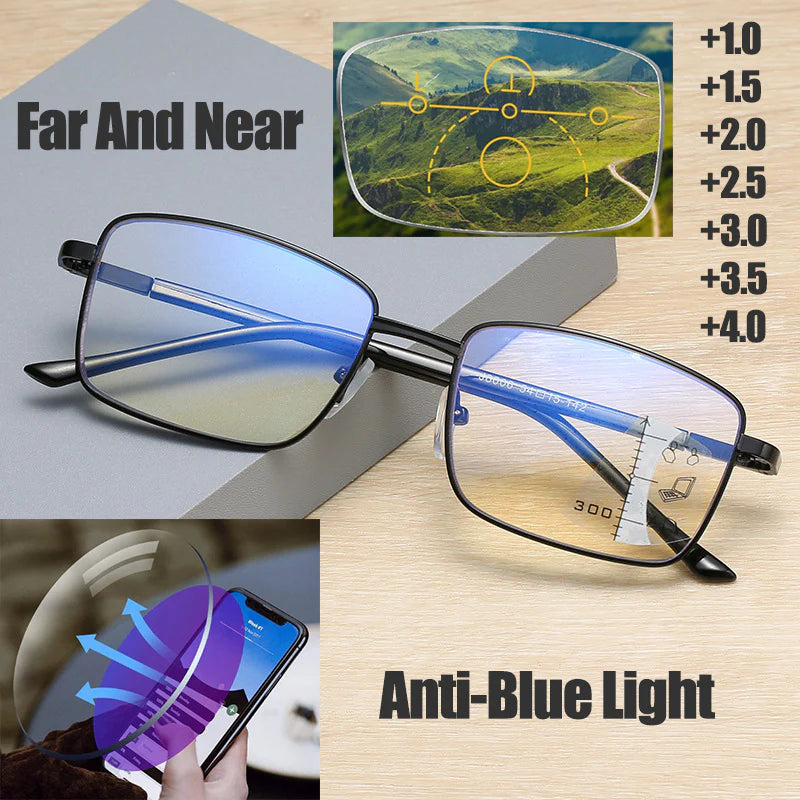 Neue Titanium ultraleichte Anti-Blue-Ray-Progressive Fern- und Nah-Lesebrille mit doppeltem Verwendungszweck Vollformat-Frühlingstempel