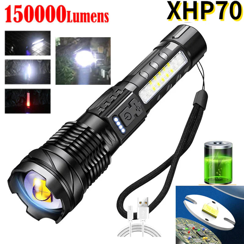 150000 Lumen HP 70 Zoom Weiße Laserlampe mit wiederaufladbarem 26650 Akku Typ c Wiederaufladbare taktische Taschenlampe mit COB-Seitenlicht