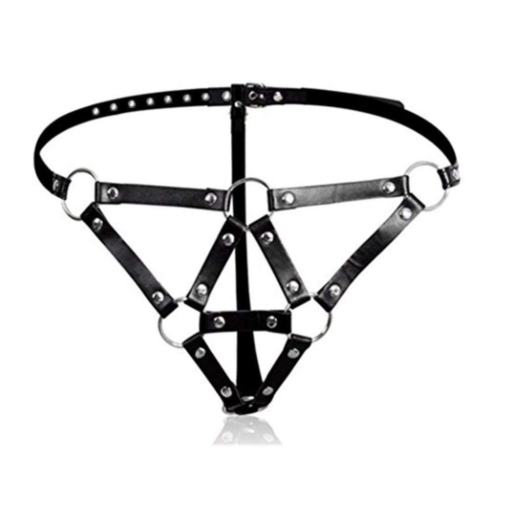 Faux Leather Hollow Thong Adjustable Collocation Rivets Underwear Pants